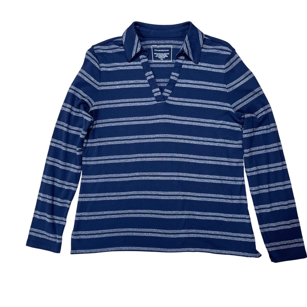Charter Club Navy Blue Striped Metallic Supima Cotton Polo Top Long Sleeve PL